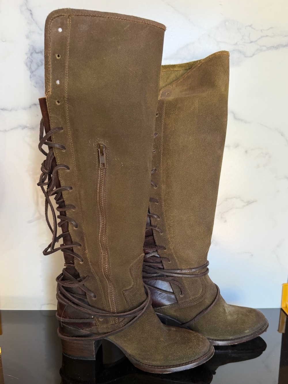 Freebird by Steven Olive Suede Lace-Up Over-the-Knee Boots